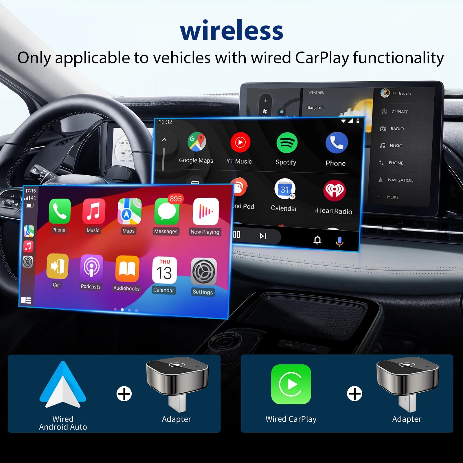 2 IN 1 Wireless Carplay Adapter, Converts Wired to Wireless carplay